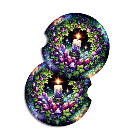 Crystal Candle Car Coasters, Witchy Spiritual Neoprene Accessories