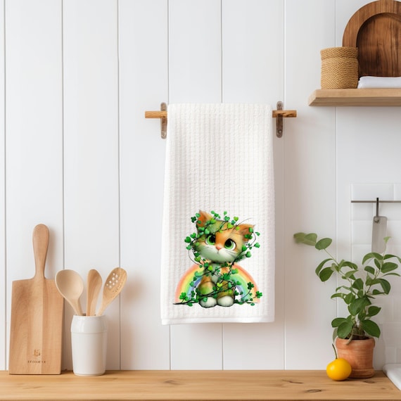 St Patrick’s Day Cat Kitchen Towel | Lucky Shamrock Kitten with Rainbow | Cute Irish Cat Tea Towel | Spring Decor