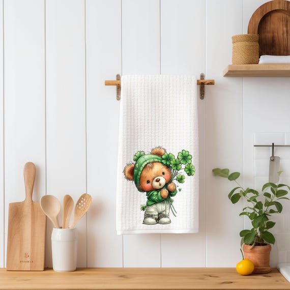 St Patrick’s Day Teddy Bear Kitchen Towel | Lucky Shamrock Bear Spring Decor | Cute Irish Clover Tea Towel