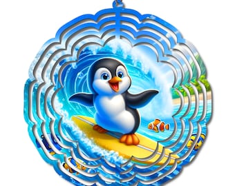 Penguin Wind Spinner Surfing Penguin Beach Decor Cute Ocean Wind Spinner Coastal Garden Decor Nautical Outdoor Yard Gift 10 Inch