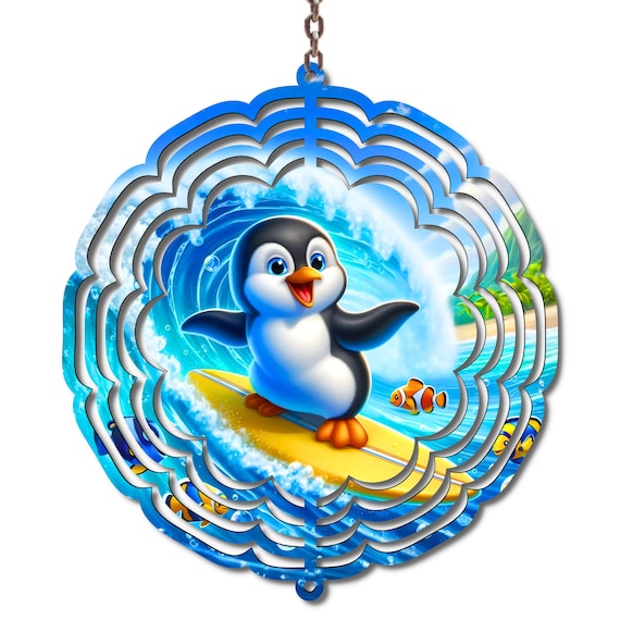Penguin Wind Spinner Surfing Penguin Beach Decor Cute Ocean Wind Spinner Coastal Garden Decor Nautical Outdoor Yard Gift 10 Inch