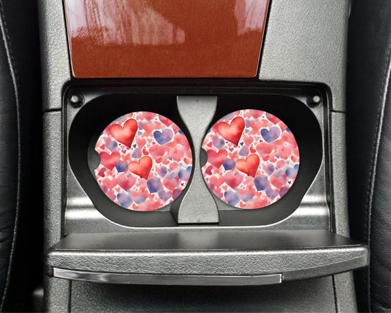 Valentine Hearts Car Coasters Set of 2 | Neoprene Cup Holder Inserts | Pink Red Purple Watercolor Hearts | Cute Accessory