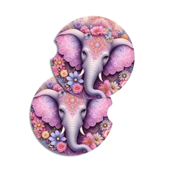 Pink Elephant Car Coasters | Floral Elephant Car Accessories | Gift for Mom | Boho Elephant Coasters | Cute Elephant Gift