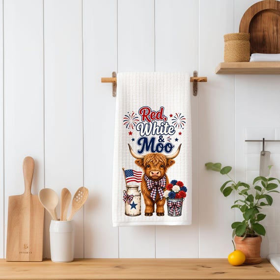 Red White & Moo Kitchen Towel | Patriotic Highland Cow Tea Towel | Fourth of July Farmhouse Decor | Summer Hostess Gift