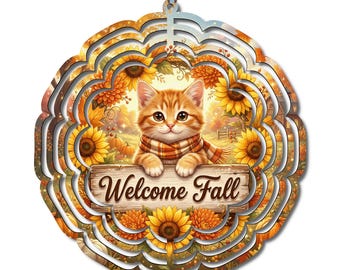 Welcome Fall Cat Wind Spinner, Autumn Garden Decor, Cute Orange Kitten Sunflower Spinner, Pumpkin Porch Hanging, Fall Yard Art, Cat Lover