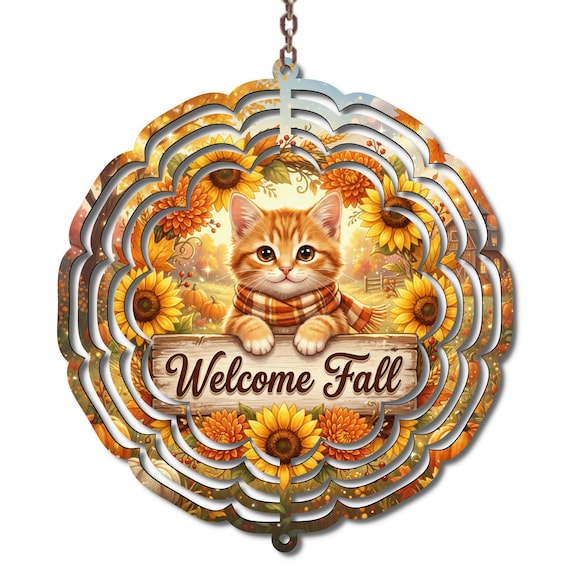Welcome Fall Cat Wind Spinner, Autumn Garden Decor, Cute Orange Kitten Sunflower Spinner, Pumpkin Porch Hanging, Fall Yard Art, Cat Lover