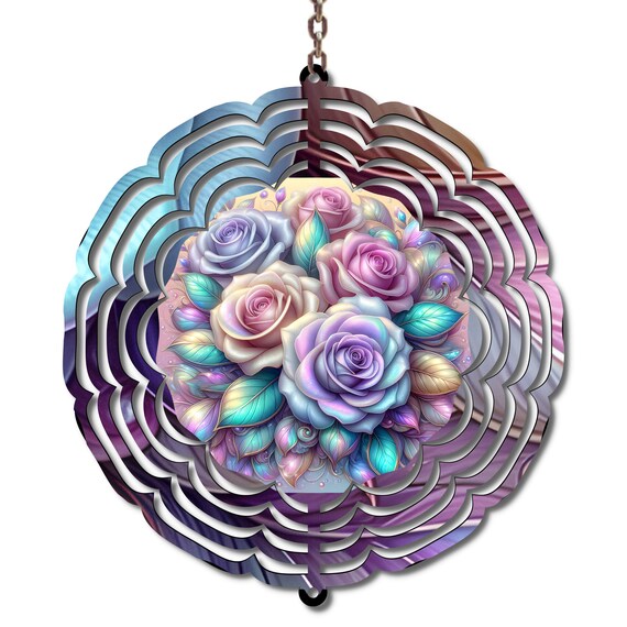 Iridescent Rose Metal Wind Spinner, Pastel Floral Garden Decor