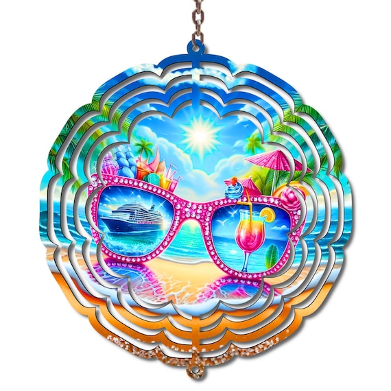 Beach Wind Spinner, 10 Inch Metal Wind Spinner, Tropical Outdoor Decor, Summer Yard Art