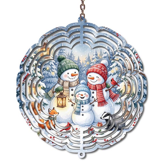 Snowman Family Wind Spinner: 10-Inch Christmas Decor with Cardinals and Gifts