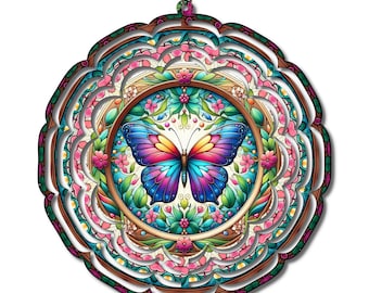 Butterfly Wind Spinner, Colorful Floral Garden Decor, Boho Outdoor Hanging Art
