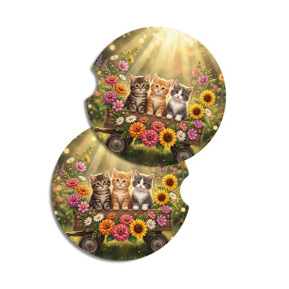 Cat Coasters Set Kitten Floral Coasters Cottagecore Drink Coasters Cat Lover Gift Farmhouse Decor Neoprene
