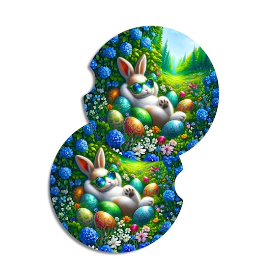 Easter Bunny Car Coasters Set of 2 | Neoprene Spring Car Coasters | Cute Bunny | Auto Accessory | Gift for Her