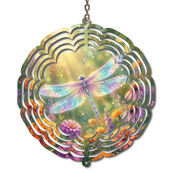 Iridescent Dragonfly Floral Metal Wind Spinner, 10 Inch Garden Decor