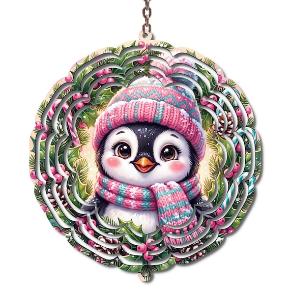Christmas Wind Spinner, 10-Inch, Penguin, Pink Teal Knit Hat Scarf