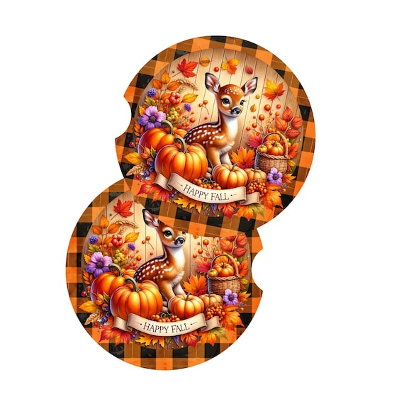 Fall Deer Car Coasters Set of 2, Halloween, Fall Decor, Autumn Decor, Mom Gift