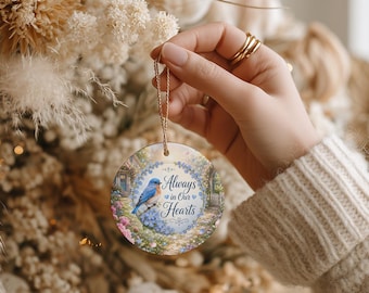 Bluebird Memorial Ornament, Always in Our Hearts Ceramic Ornament, Sympathy Gift, Bereavement Gift, Loss of Loved One, Memorial Ornament