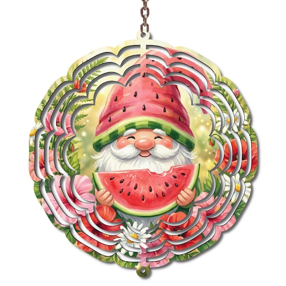 Watermelon Gnome Wind Spinner, Summer Garden Decor, Cute Watermelon Lover Gift, Floral Gnome Outdoor Decoration, 10 Inch Metal Spinner