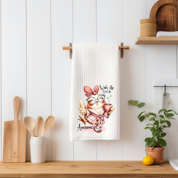 Humorous Kitchen Towel, Waffle Towel, Wake Up and Be Awesome, Birthday, Mom Gift