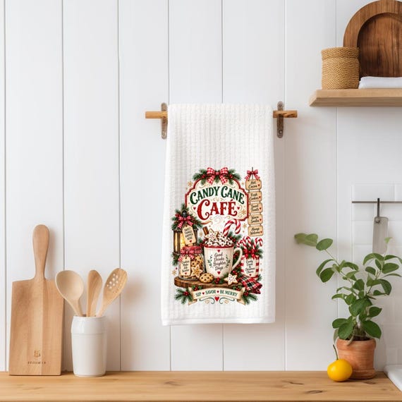 Candy Cane Cafe Waffle Kitchen Towel, Christmas Tea Towel, Hot Cocoa Bar Decor, Holiday Coffee Station Gift