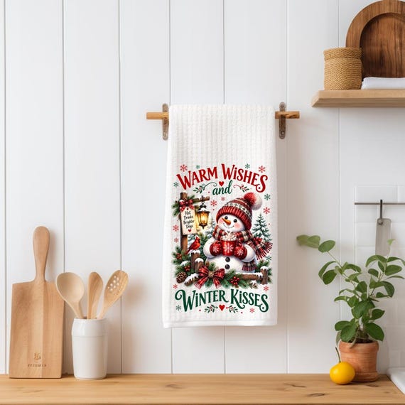 Snowman Waffle Kitchen Towel, Warm Wishes and Winter Kisses, Christmas Tea Towel, Cozy Winter Kitchen Decor