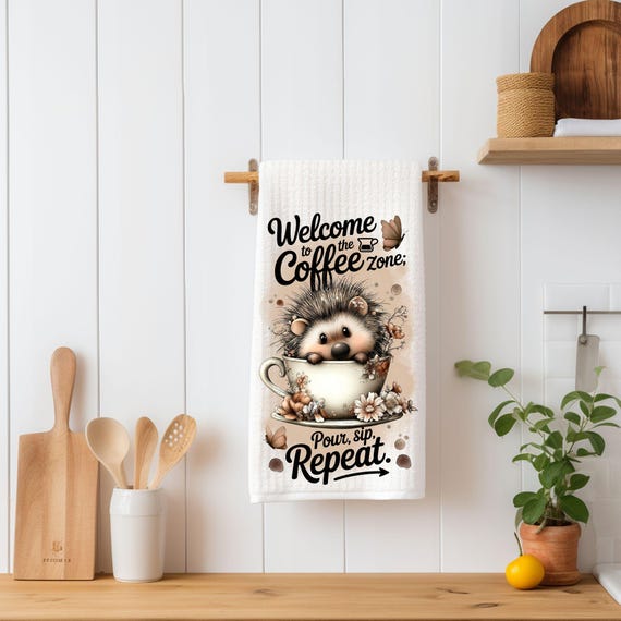 Welcome to the Coffee Zone Kitchen Towel | Cute Hedgehog Coffee Tea Towel | Coffee Bar Decor | Cottagecore Kitchen Towel | Coffee Lover Gift
