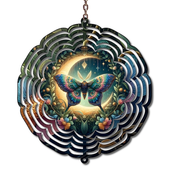 Moon Moth Wind Spinner, Witchy Garden Decor, Spiritual Outdoor Decor, Celestial Moth Art, Boho Mystic Yard Spinner, Transformation Gift
