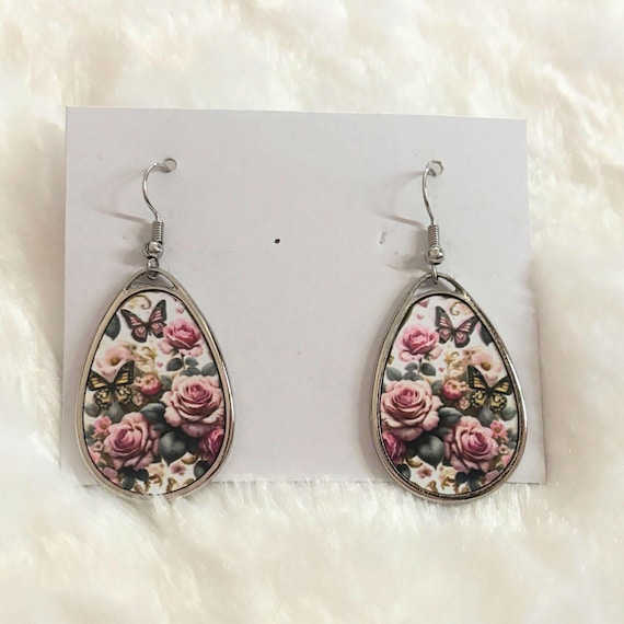 Floral Butterfly Teardrop Earrings, Vintage Rose Dangle Earrings, Lightweight Zinc Alloy Spring Jewelry