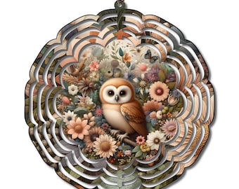 Owl Wind Spinner, Woodland Animal Decor, Rustic Farmhouse Garden Art, Floral Owl Yard Decor, Boho Outdoor Hanging Spinner, Nature Lover Gift