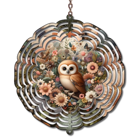 Owl Wind Spinner, Woodland Animal Decor, Rustic Farmhouse Garden Art, Floral Owl Yard Decor, Boho Outdoor Hanging Spinner, Nature Lover Gift