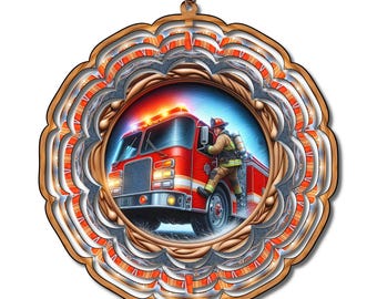 Firefighter Wind Spinner, Fire Truck Garden Decor, Aluminum Metal Art