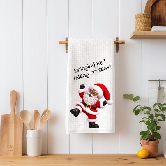 Black Santa Waffle Kitchen Towel, Bringing Joy Taking Cookies, Funny Christmas Tea Towel, Holiday Kitchen Decor
