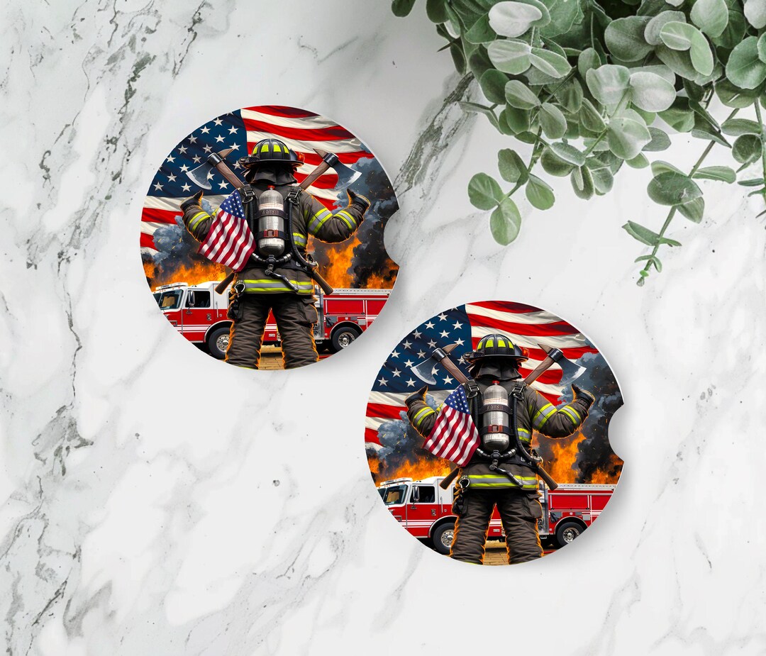 Firefighter Car Coasters, American Flag Neoprene Cup Holder Inserts ...