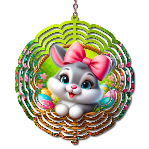Easter Bunny Wind Spinner, Cute Bunny Basket Garden Decor, Pink Bow Bunny Spring Yard Decoration, Easter Outdoor Metal Wind Spinner