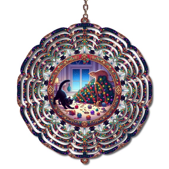 Christmas Cats Wind Spinner, 10 Inch Metal Holiday Decoration, Cat Mom Gift