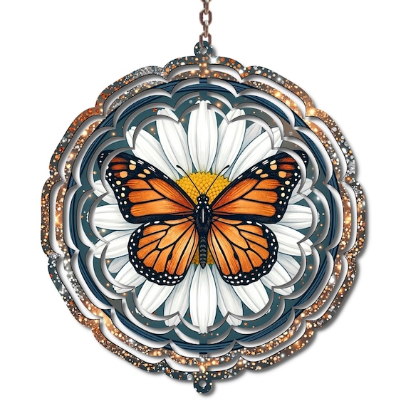 Monarch Butterfly Daisy Wind Spinner, 3D Garden Spinner, Butterfly Yard Decor, Outdoor Metal Wind Spinner, Patio Decor, Nature Gift