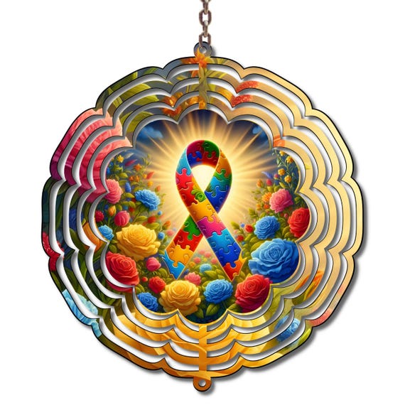 Autism Awareness Puzzle Ribbon Wind Spinner – Garden Yard Decor 10 Inch