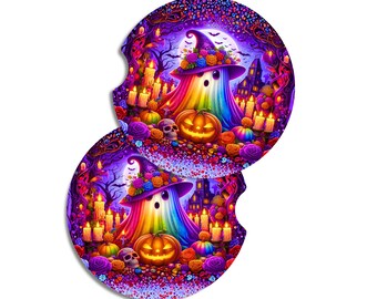 Halloween Car Coasters Ghost Pumpkin Cute Spooky Car Coaster Set Colorful Fall Cup Holder Coasters Neoprene Absorbent Set of 2