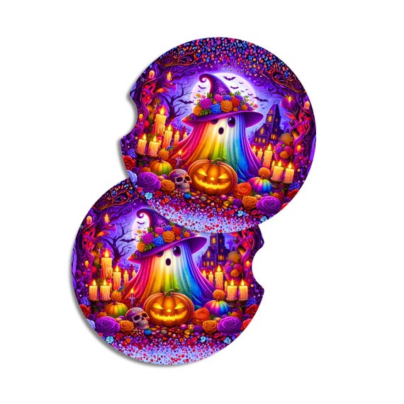Halloween Car Coasters Ghost Pumpkin Cute Spooky Car Coaster Set Colorful Fall Cup Holder Coasters Neoprene Absorbent Set of 2