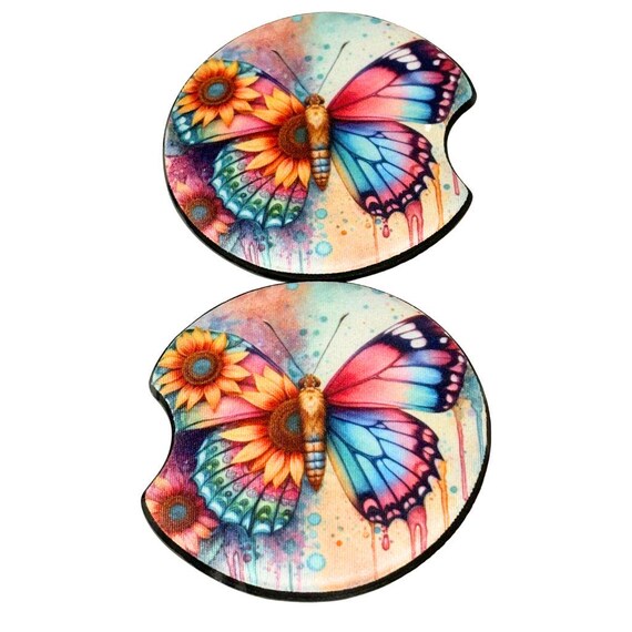 Butterfly Sunflower Car Coasters, Set of 2 Neoprene, Autumn, Fall Gift, Mom Gift