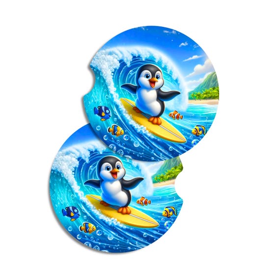 Penguin Car Coasters Surfing Penguin Beach Car Accessories Ocean Cup Holder Coasters Coastal Decor Neoprene Absorbent Set of 2