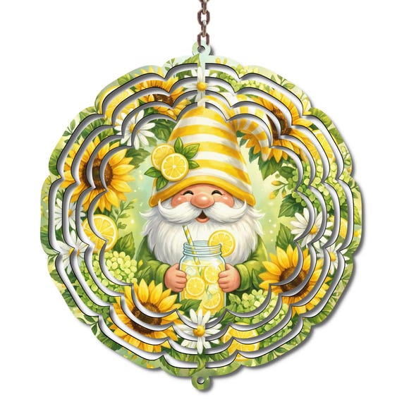 Lemon Gnome Wind Spinner, Summer Gnome Garden Decor, Sunflower Lemonade Outdoor Spinner, Cute Gnome Gift, 10 Inch