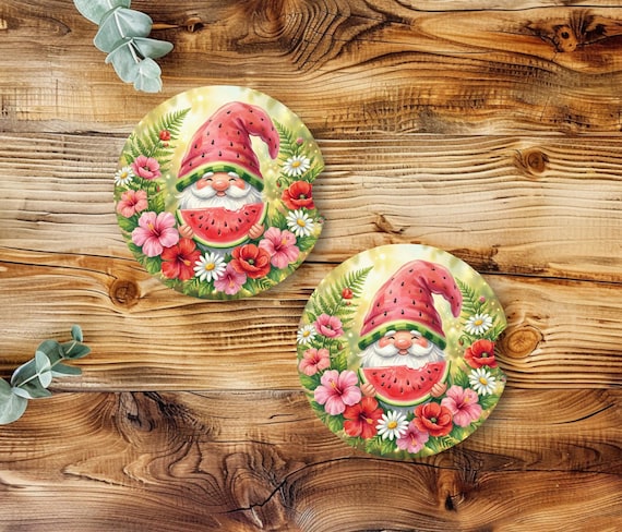 Watermelon Gnome Car Coasters Set of 2, Summer Neoprene Car Coasters, Cute Gnome Cup Holder Coasters, Floral Watermelon Car Accessories