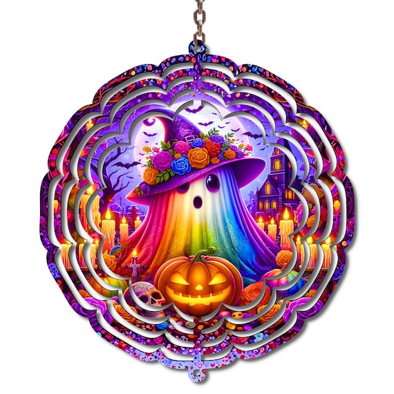 Halloween Ghost Wind Spinner Colorful Ghost Pumpkin Decor Spooky Cute Metal Wind Spinner Fall Outdoor Yard Decor Halloween Decor 10 Inch