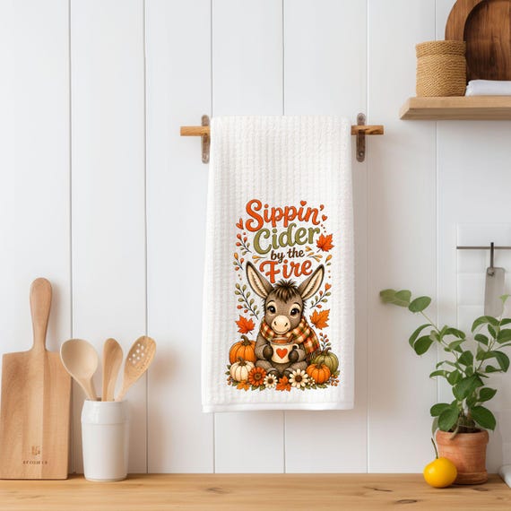 Sippin' Cider by the Fire Kitchen Towel | Fall Donkey Tea Towel