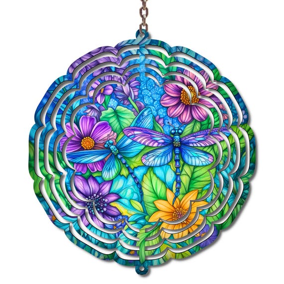 Dragonfly Wind Spinner, Colorful Garden Decor, 10 Inch Metal Spinner, Floral Outdoor Hanging Art, Butterfly Garden Gift, Spring