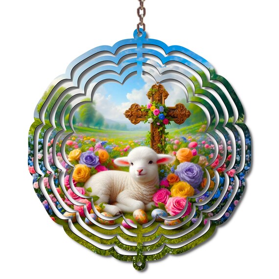 Christian Easter Wind Spinner Lamb Cross Garden Decor, Religious Spring Metal Wind Spinner, Easter Yard Decor