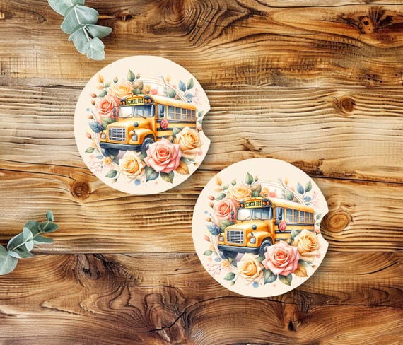 School Bus Driver Car Coasters Set of 2, Bus Driver Appreciation Gift, Floral School Bus Neoprene Coasters, Thank You Bus Driver Gift