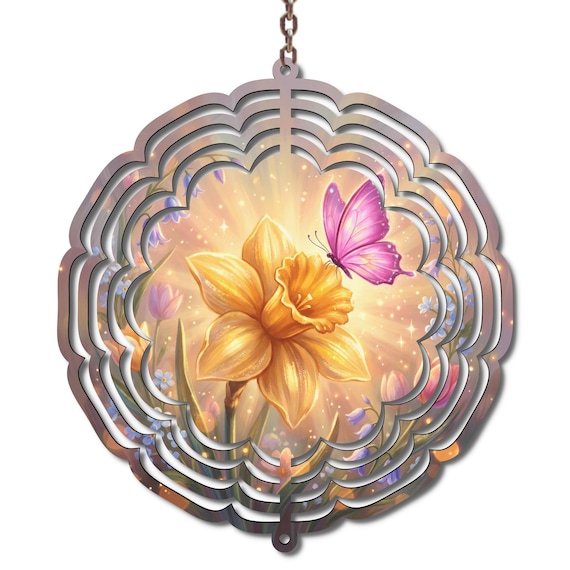Daffodil Butterfly Wind Spinner, Spring Garden Decor, Flower Spinner, Yellow Floral Yard Art, Outdoor Hanging Decor, Gift for Mom