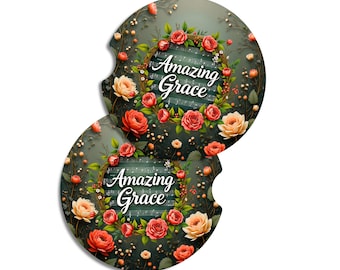 Amazing Grace Car Coasters Set of 2, Christian Car Accessories, Floral Faith Gift, Religious Gift for Women, Inspirational Car Decor
