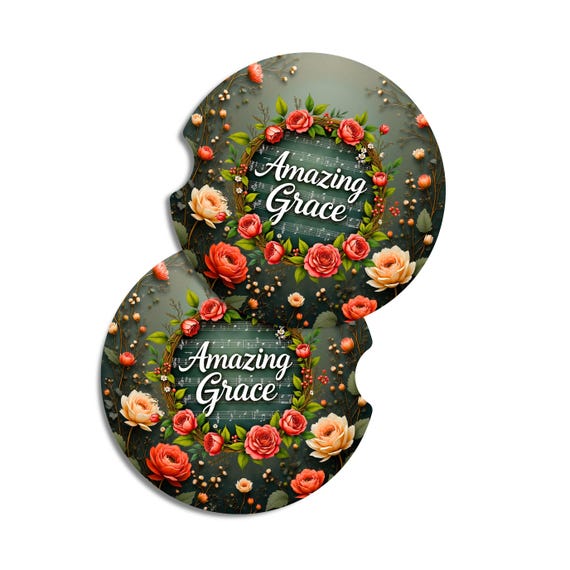 Amazing Grace Car Coasters Set of 2, Christian Car Accessories, Floral Faith Gift, Religious Gift for Women, Inspirational Car Decor